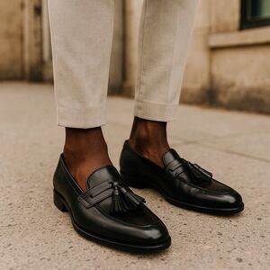 VTG JOHNSTON & MURPHY 151091 HAYES MEN SHOES 7.5M BLACK LEATHER TASSEL SLIP ON